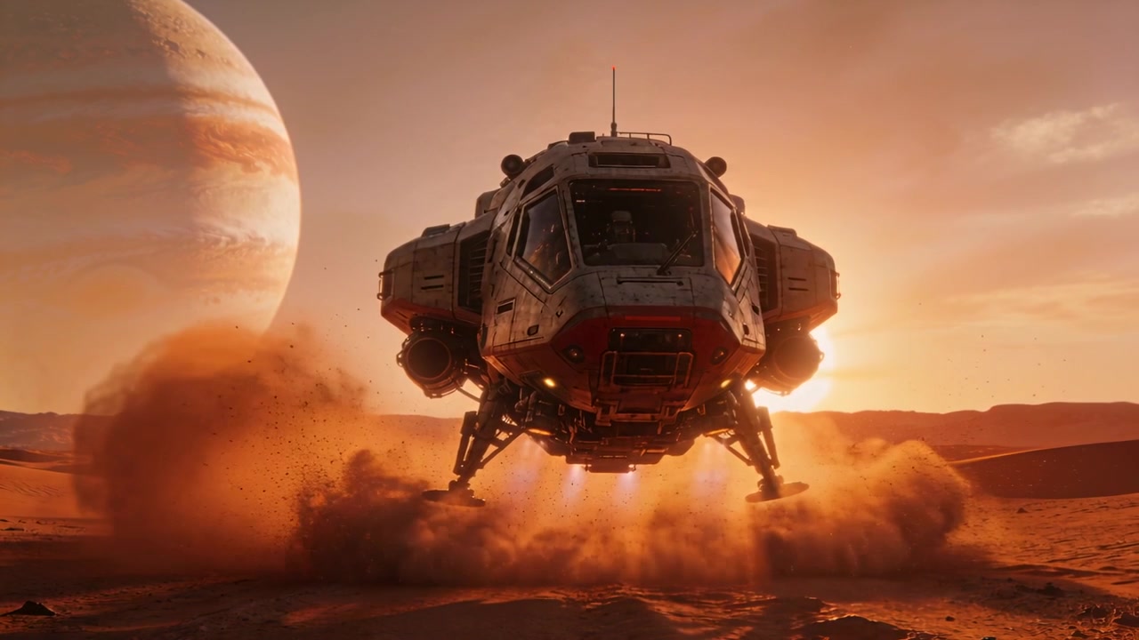 En tungløftende lander affyrer thrustere og daler ned mod en klitslette for at lande ved solnedgang, mens den hvirvler støv op.