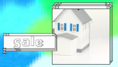 animación de venta en texto blanco en ventana apilada, con casa modelo, llave y martillo