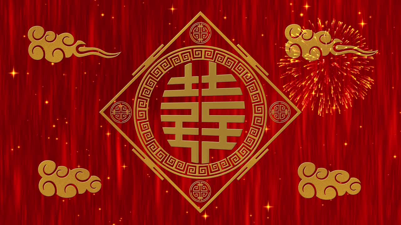 año nuevo lunar, fondo del festival de primavera con doble felicidad, símbolo, nubes, estrellas relucientes. telón de fondo de papel rojo del año nuevo chino para el evento. animación de renderización 3d. bucle sin costuras 4k video