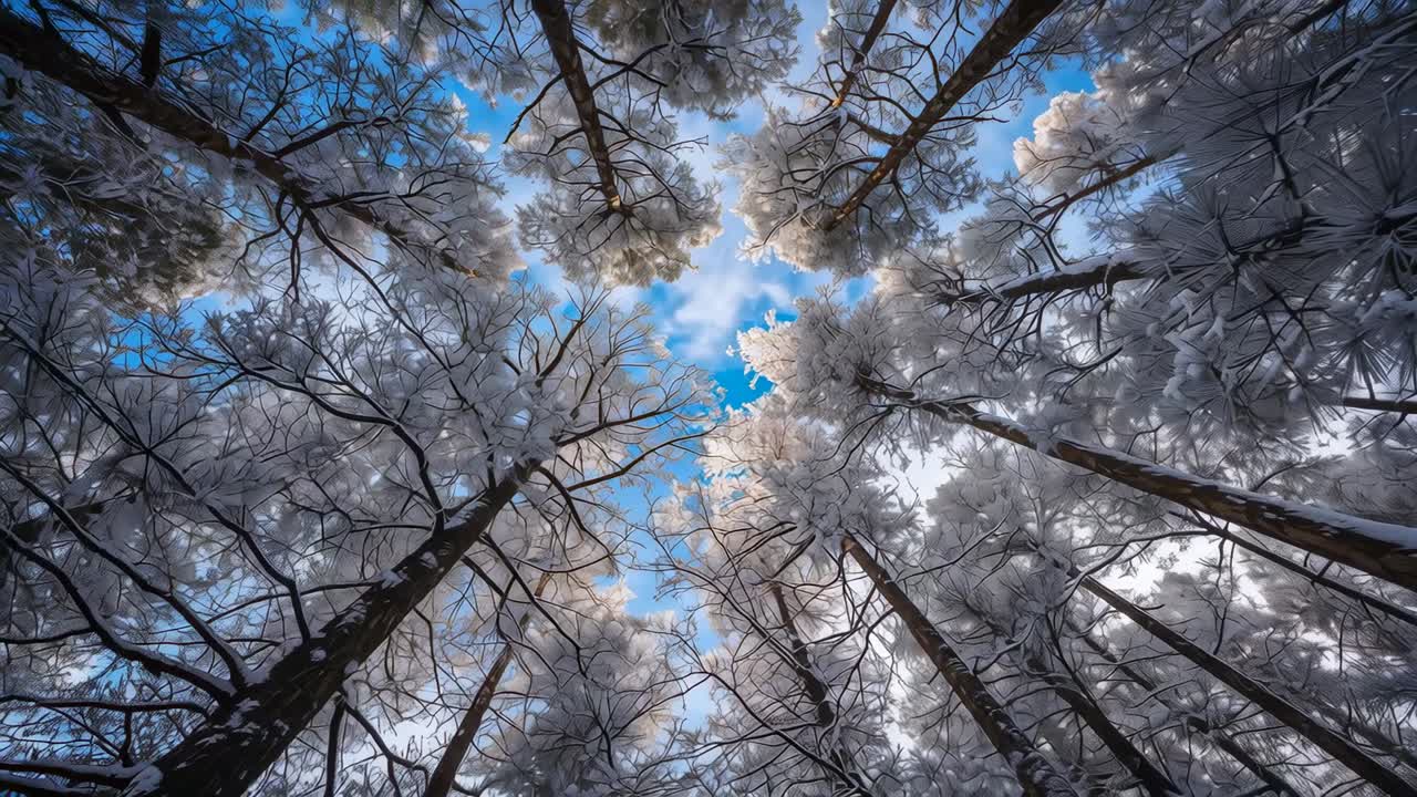 Inclinazione lenta della telecamera che rivela alti tronchi di conifere innevati in una foresta invernale, mostrando il cielo blu