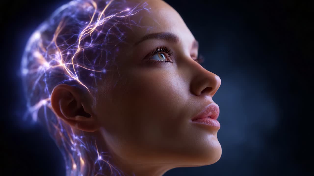 Una impresionante exploración visual de las conexiones neuronales representada a través del retrato de una mujer con patrones eléctricos brillantes sobre un fondo oscuro