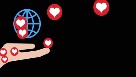 animation of hearts and hand with globe over black background