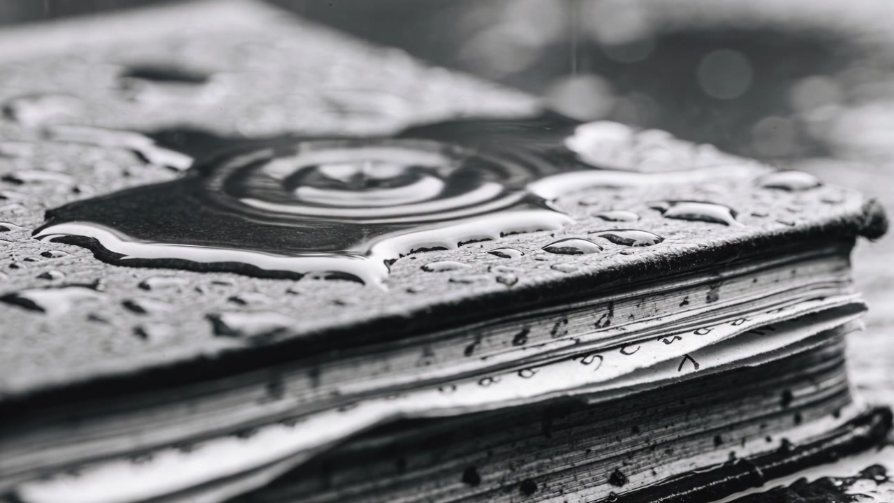 Falling droplet hitting puddle on hardcover notebook on desk, creating concentric ripple rings