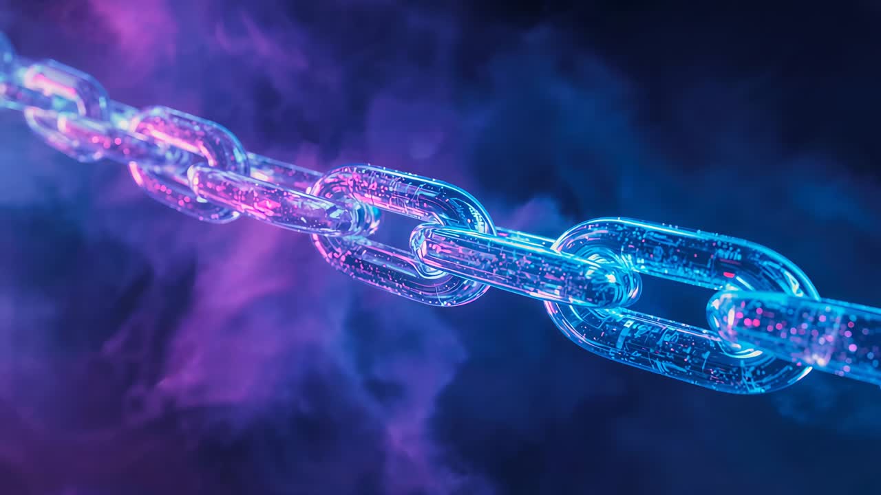 Camera focusing on chain drifting across nebula, revealing pulsing data blocks in circuitry