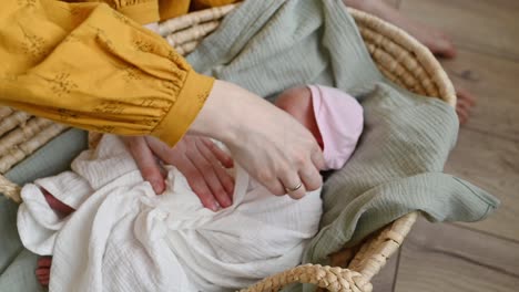 Anonymous mother caressing infant in wicker bassinet