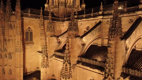 Gothic-cathedral-of-Salamanca,-Spain,-illuminated-at-night