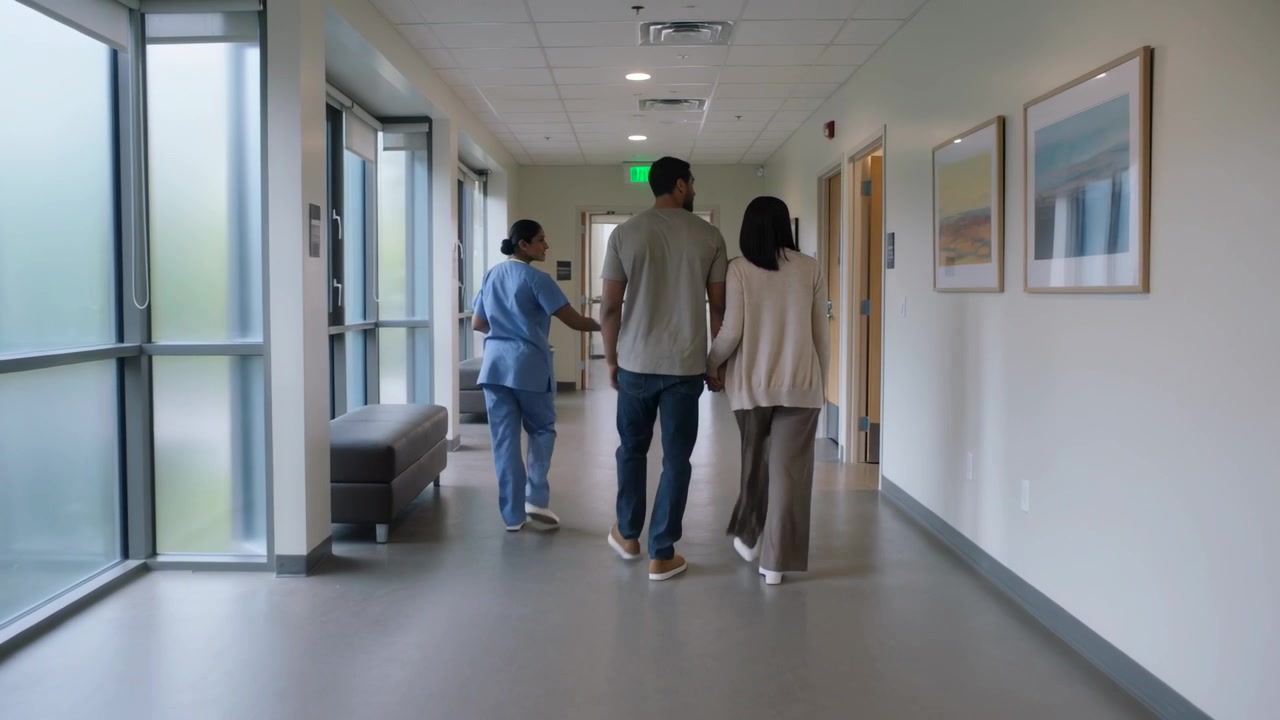 Enfermeira de uniforme hospitalar a caminhar, escoltando um casal de mãos dadas em direção à luz verde de saída num corredor de hospital.