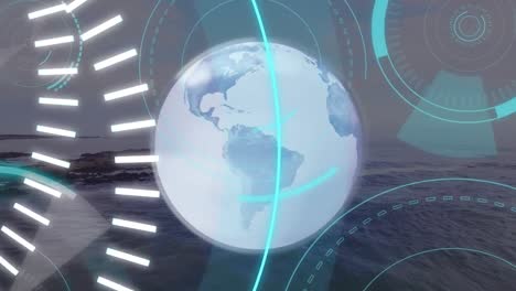 animación de círculos de procesamiento y 5g sobre el globo y el paisaje marino