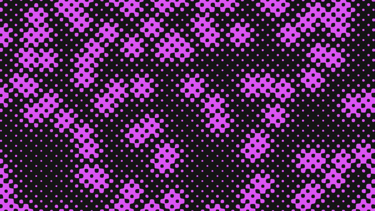 Seamless abstract footage of vibrant pink dotted geometric shapes moving on a dark background, ideal as a modern retro style backdrop for titles, promos, presentations and visual effects