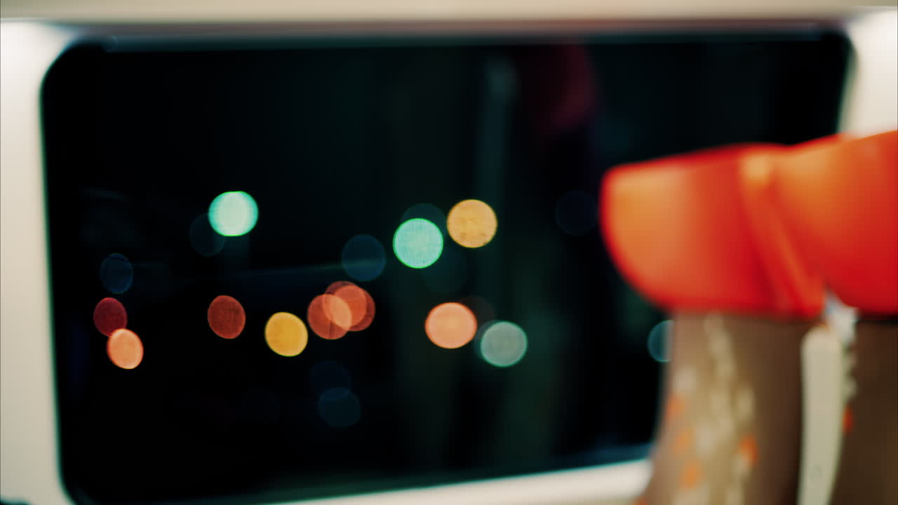 Blurred view of empty, orange and grey seats in a moving train