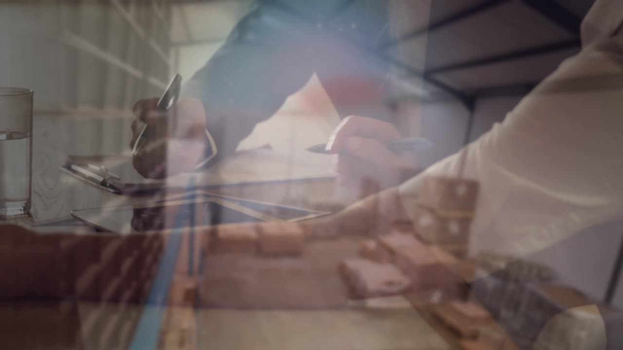 animación de la sección media de la gente discutiendo con el almacén en el fondo