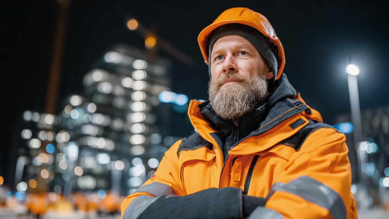 A dedicated construction worker stands confidently at night, showcasing his readiness and professionalism amidst a cityscape filled with illuminating buildings