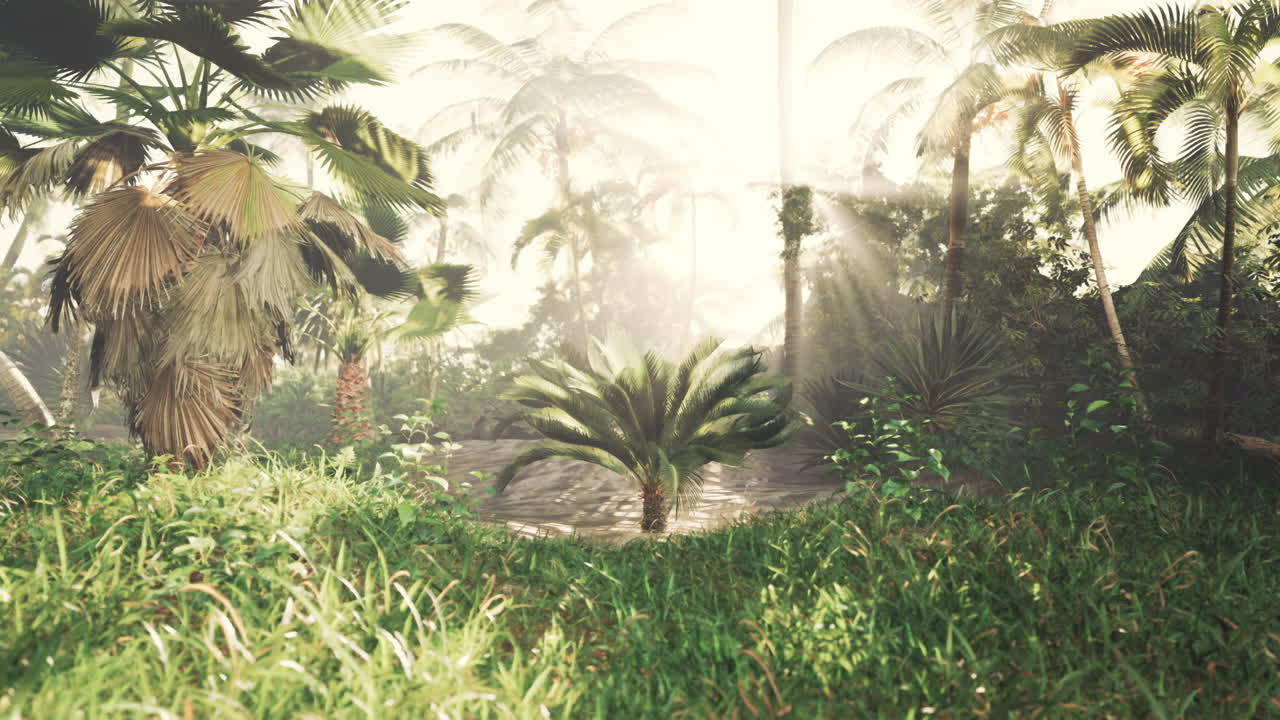 una tranquila escena de la selva tropical al amanecer