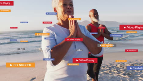 practicing yoga on beach, elderly couple with animation of social media notifications