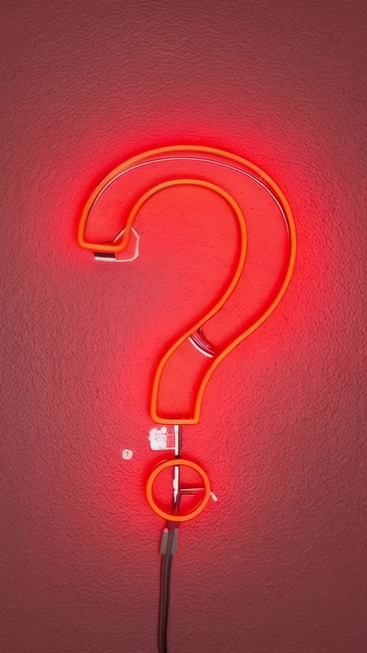 Vertical video: Glowing red neon ? sign from power shifts on wall, with orb, bracket and cord