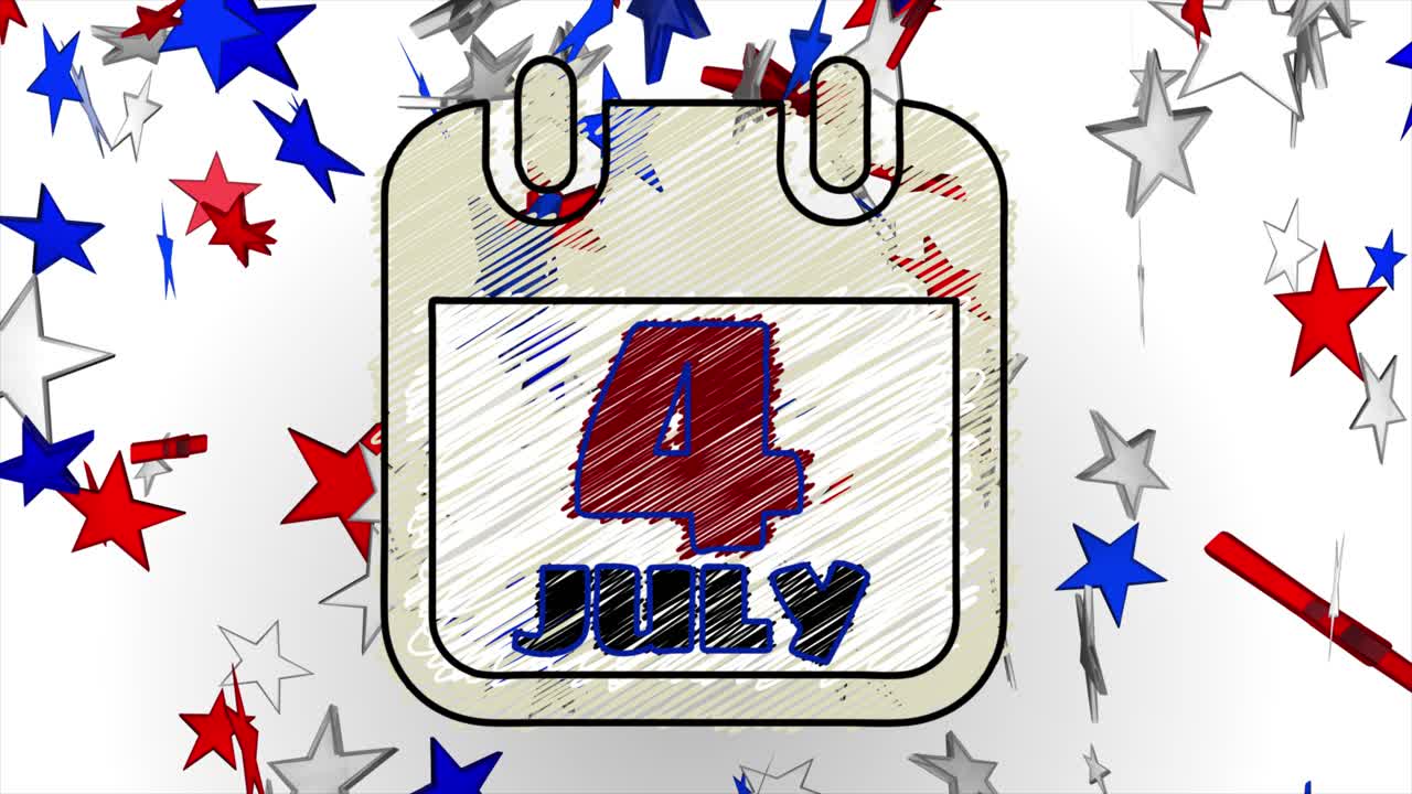 Clean and exciting animated motion graphic of a calendar page revealing the 4th of July, in scribble style, with large falling red white and blue stars
