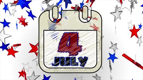 clean and exciting animated motion graphic of a calendar page revealing the 4th of july, in scribble style, with large falling red white and blue stars