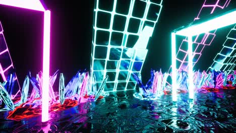 la cámara vuela a través de un túnel de neón brillante con cristales. animación de bucle sin costuras de un tunel hecho de cristales brillantes para fondos de vj, dj o ciencia ficción.