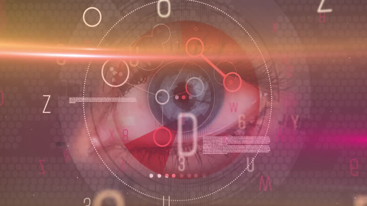 animación de números flotantes sobre el ojo de una mujer caucásica sobre fondo negro