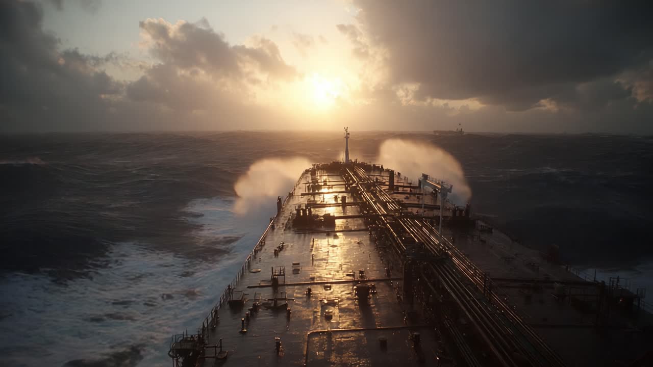A Dramatic Sunset Over Tumultuous Seas as a Ship Navigates Through Heavy Waves, Capturing the Raw Power of Nature and Human Engineering in Harmony