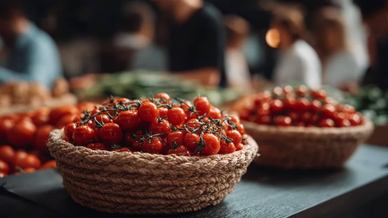Vibrant Display of Fresh Cherry Tomatoes in Rustic Baskets at a Bustling Marketplace, Showcasing Nature's Bounty and Colorful Fresh Produce Gathering Atmosphere