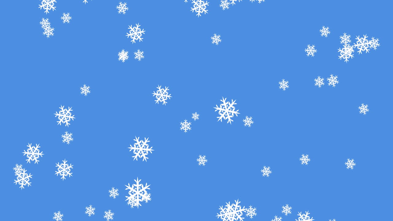 Digital animation of multiple snowflakes icons falling against blue background