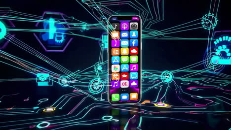 futuristic smartphone interface on digital circuitry background