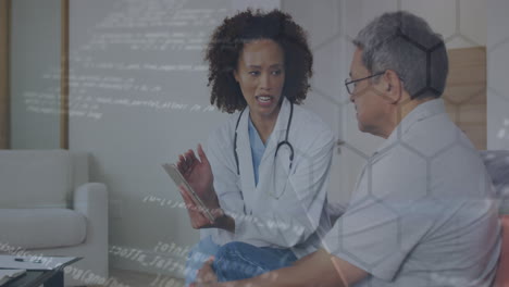 animation of network of hexagons over biracial female doctor with male patient