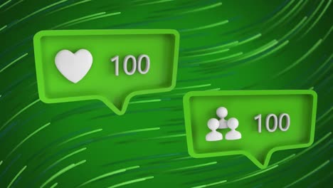 dos burbujas de habla con iconos de corazón y perfil con números crecientes contra rastros de luz en movimiento