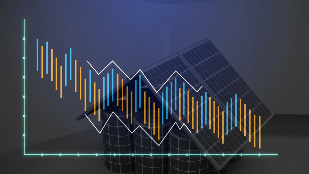 태양 전지판과 배터리에 대한 변동하는 막대기와 선 애니메이션을 가진 그래프