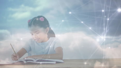 animation of a girl with clouds floating over a web of connected dots in the background