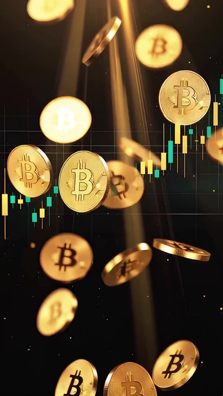 Moedas de Bitcoin douradas com fundo de gráfico de velas desfocado 4K