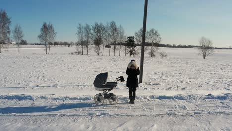 mother with baby carriage blow nose during snowy winter walk outside