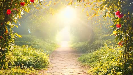 a path in the middle of a lush green forest with red roses