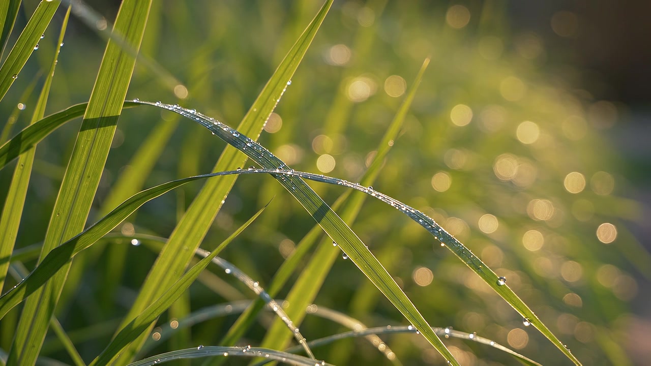 Morning dew on green grass with golden sunlight bokeh