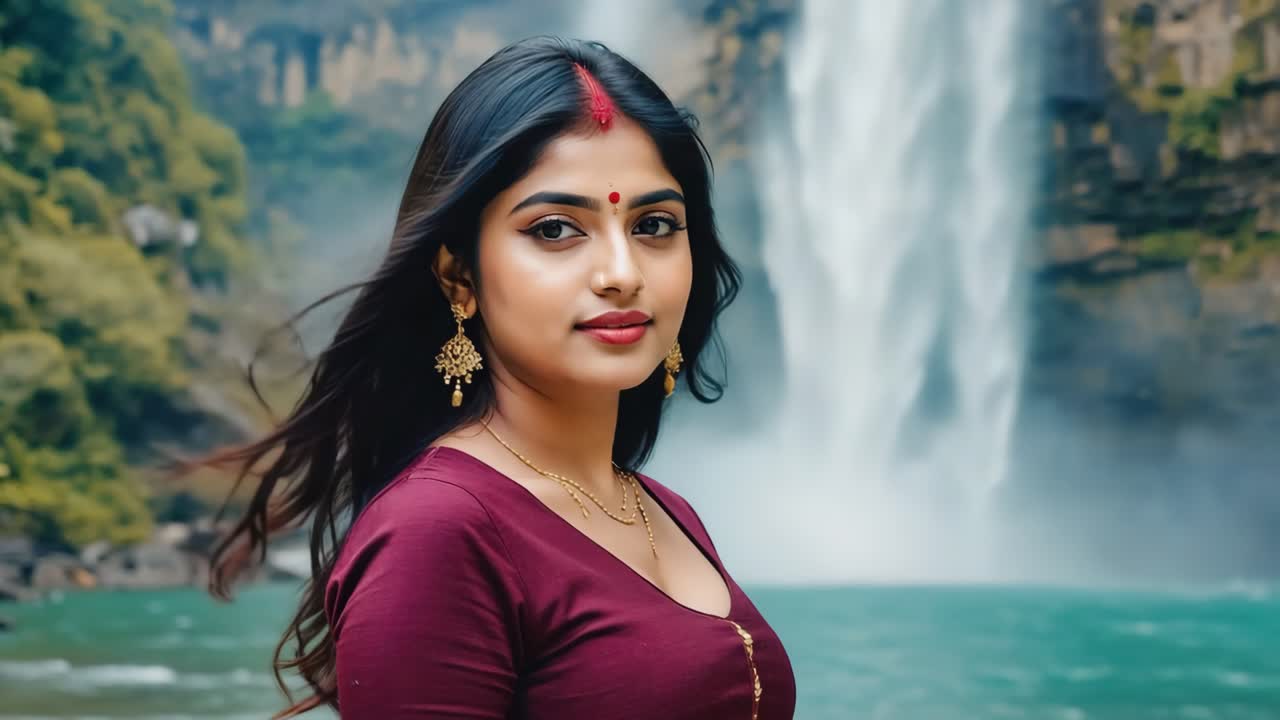 Beautiful Indian Woman Posing Near Waterfall