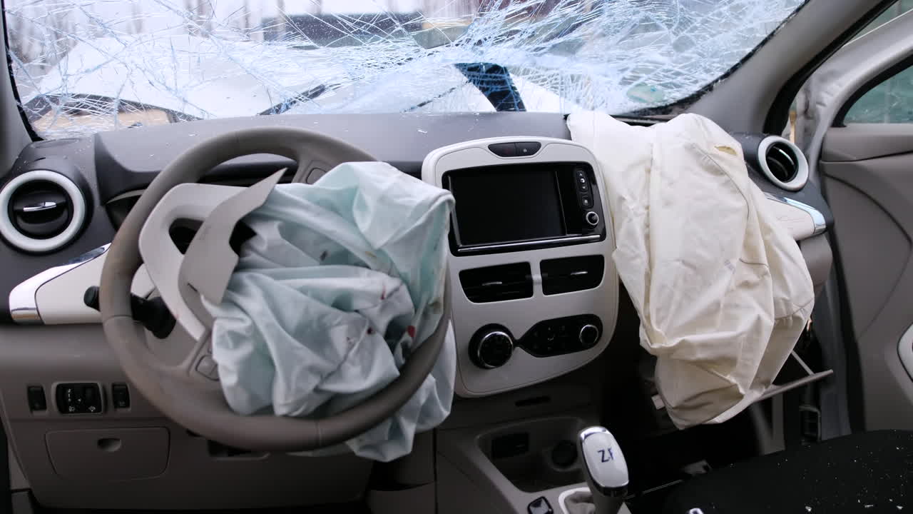Interior of a crashed in frontal impact electric car. Safety idea