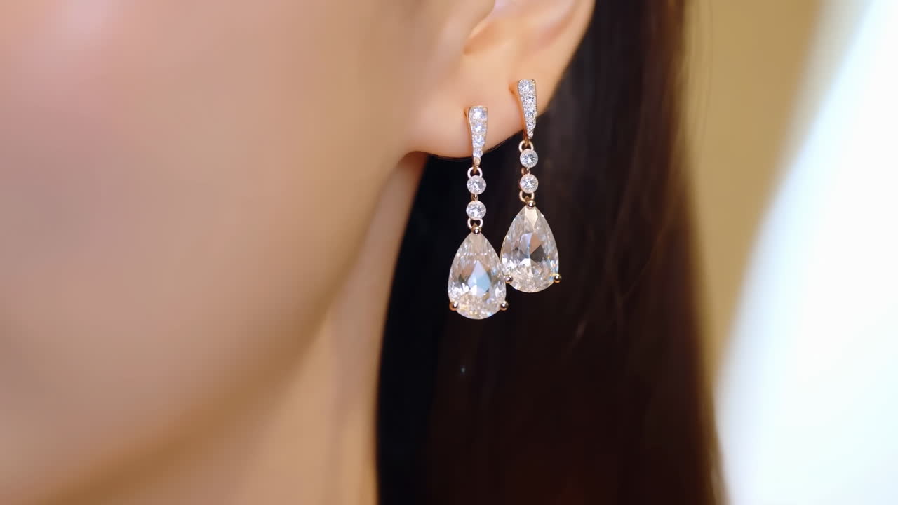 Primo piano di orecchio di modella asiatica che indossa orecchini di cristallo a goccia, gocce di diamanti scintillanti che catturano il bokeh morbido dello studio.