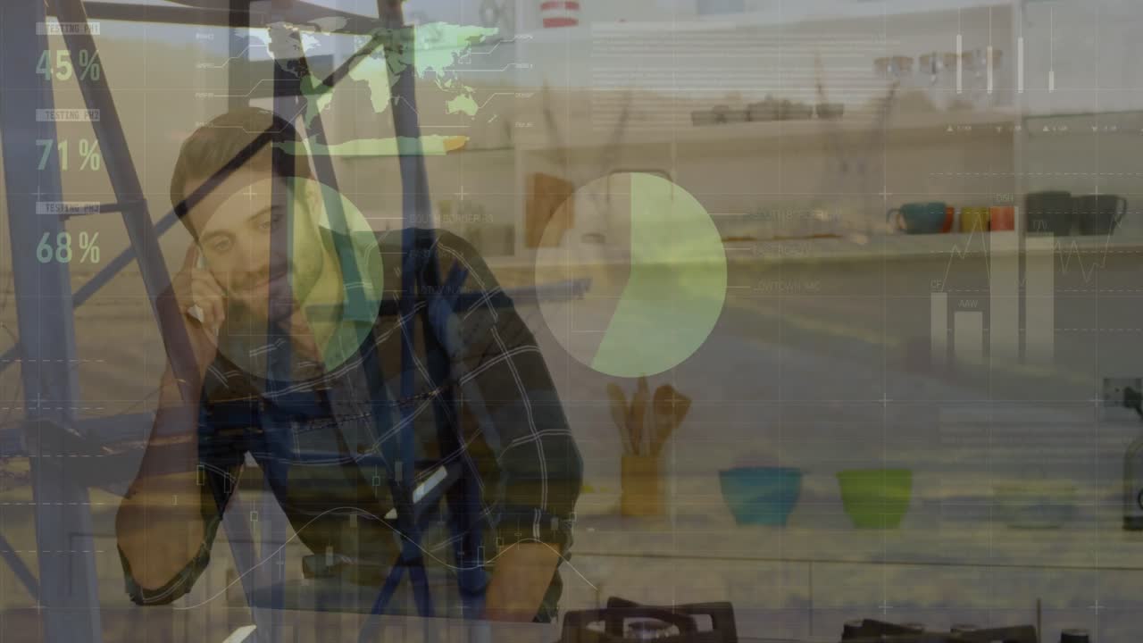 Animation af statistisk databehandling over kaukasisk mand, der taler i smartphone derhjemme