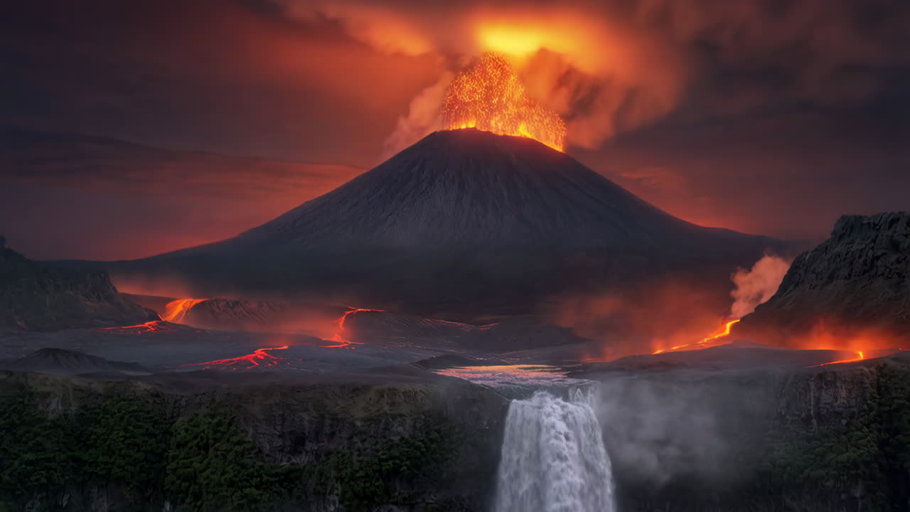 Dramatic Volcanic Eruption with Waterfall Landscape