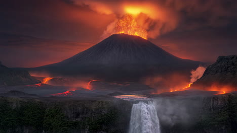 dramatic volcanic eruption with waterfall landscape