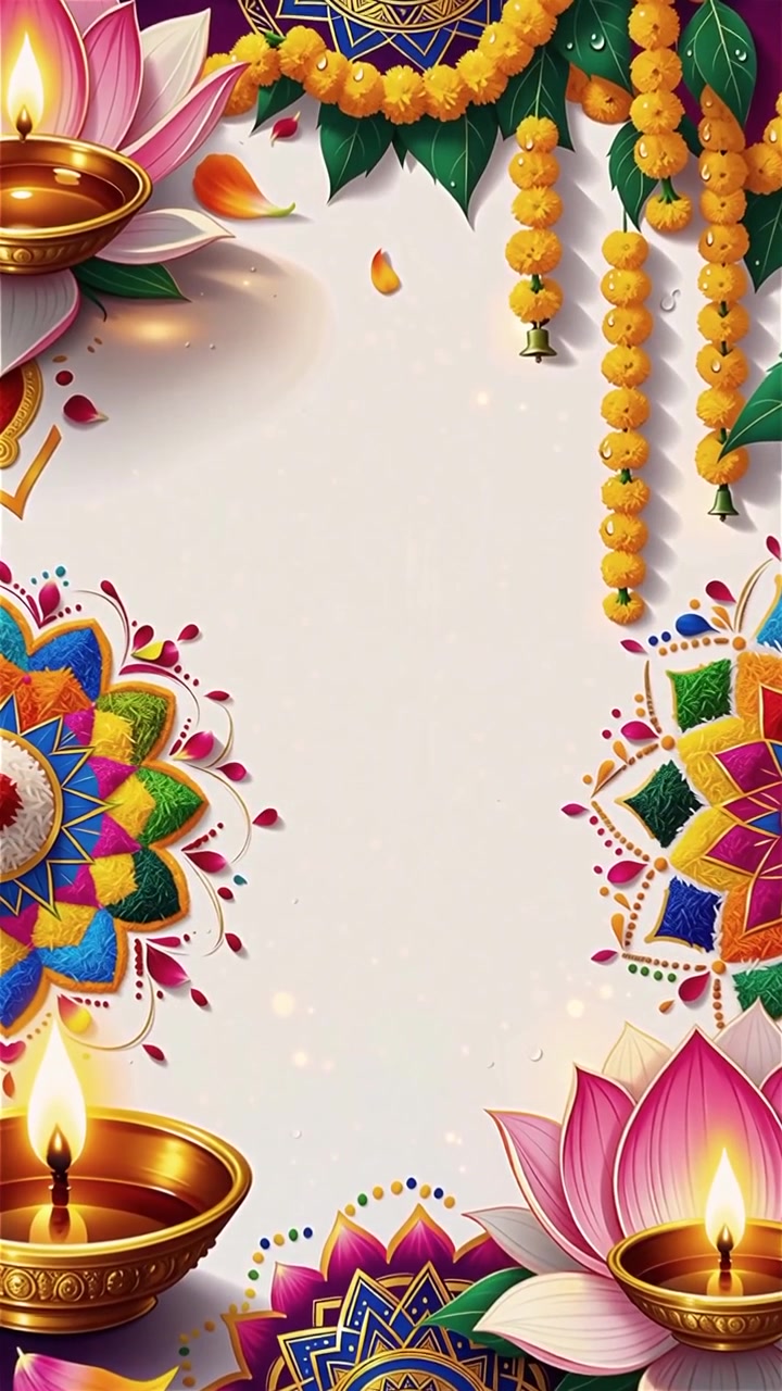 Sfondo Diwali con Diyas luminosi, Rangoli e fiori di loto