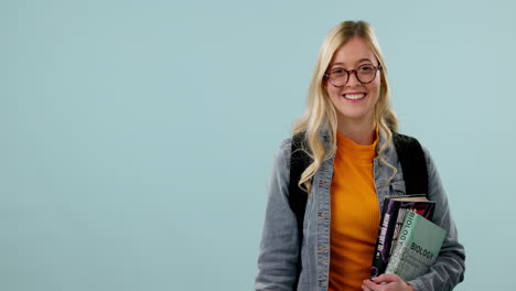 Gesicht,-Handzeigen-Und-Studentin-Im-Studio