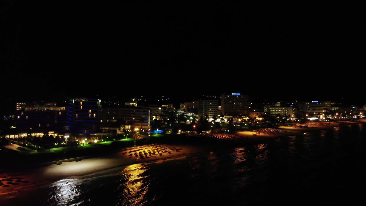 Night view beautiful coast Majorca, Balearic Islands. Aerial dolly out