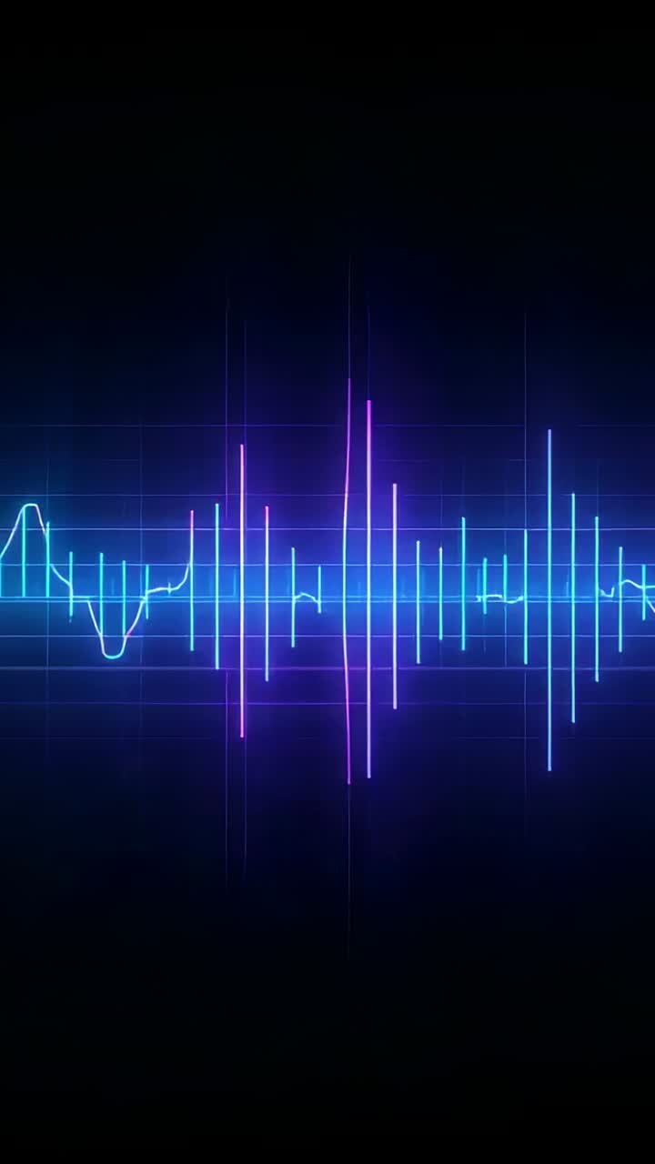Vertical video: Neon waveform emerging and fluctuating in black void, with grid lines and axis line