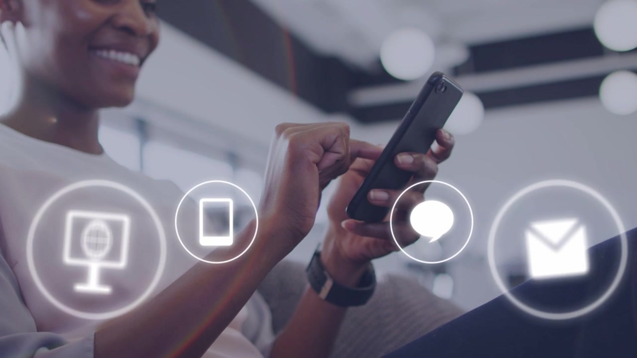 Woman tapping and scrolling smartphone, animating holographic app icons for mobile tech syncing