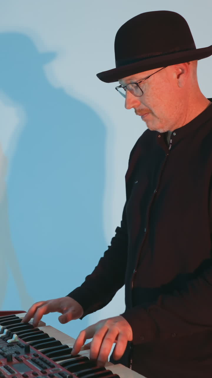 A keyboardist wearing a black outfit plays a sampler,while a vocalist in a white dress appears in the background against a blue background with colorful lighting and shadows