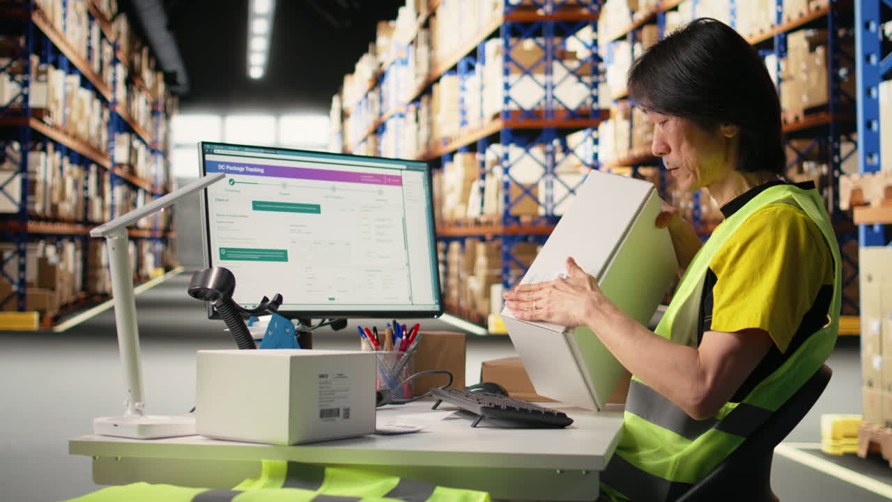 Vertical Video Asian staff manages awb labeling and scanning barcodes before dispatch