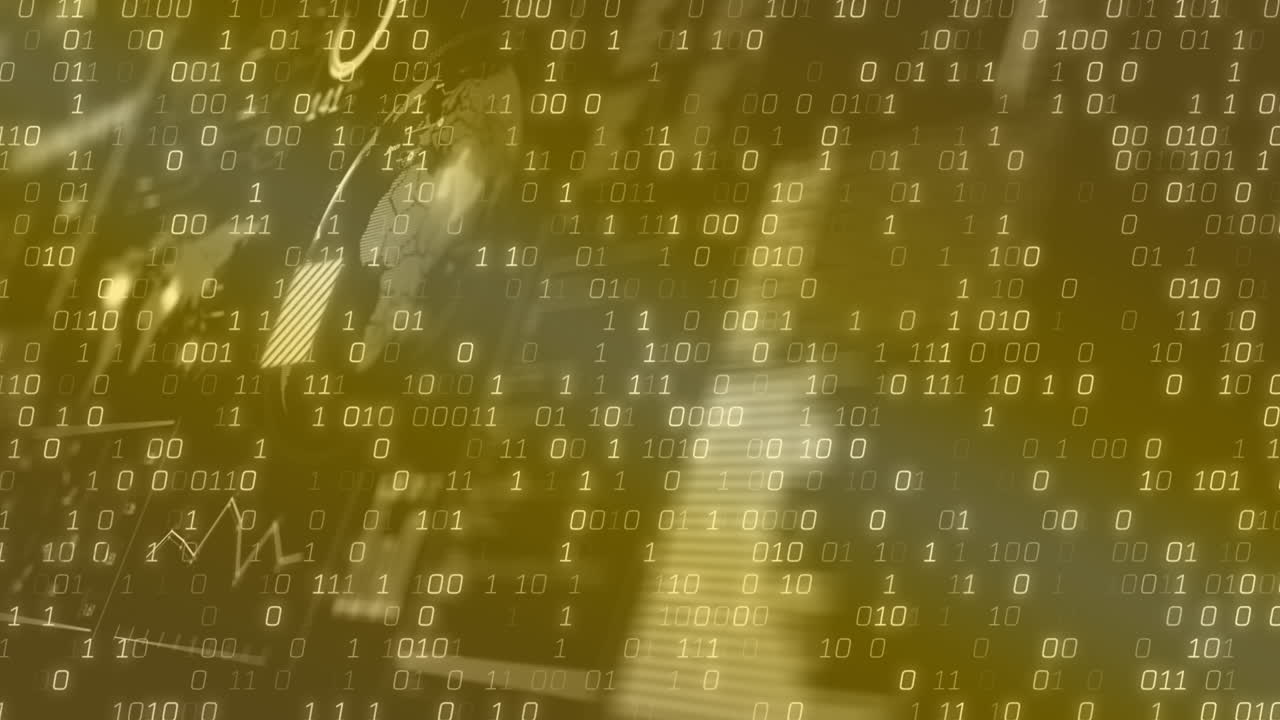 Animation of falling binary codes over globe, map and database in background