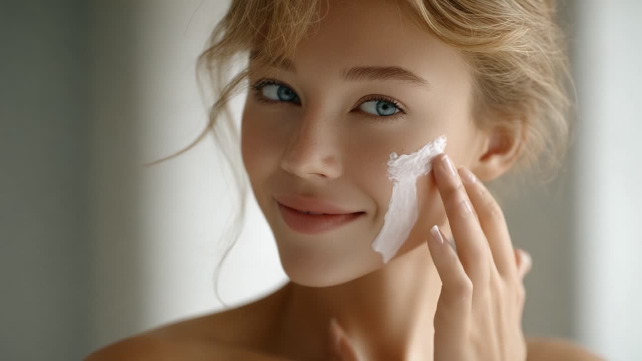 A young woman applying facial cream, showcasing her skincare routine with a gentle smile and radiant skin, highlighting the beauty and care involved in everyday self-care practices